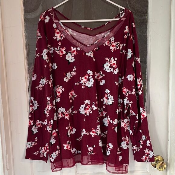 Lane Bryant Women’s Floral Burgundy Red Long Sleeve Top Size Mesh Neckline 22/24 - Picture 1 of 6